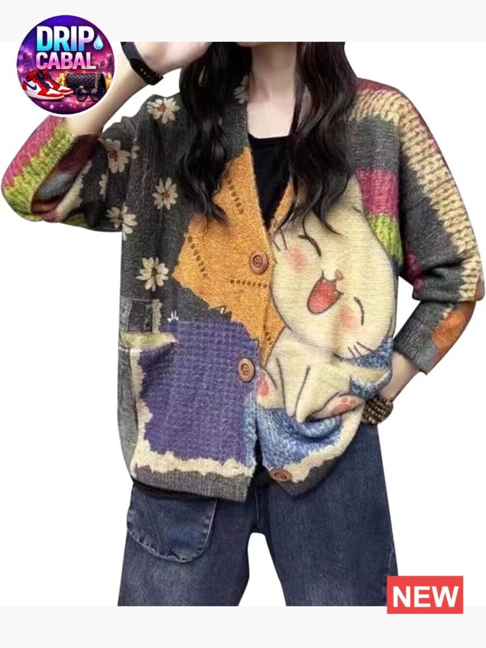 V Neck Oversized Cat Print Cardigan, Boho Patchwork Knit Sweater with Pockets